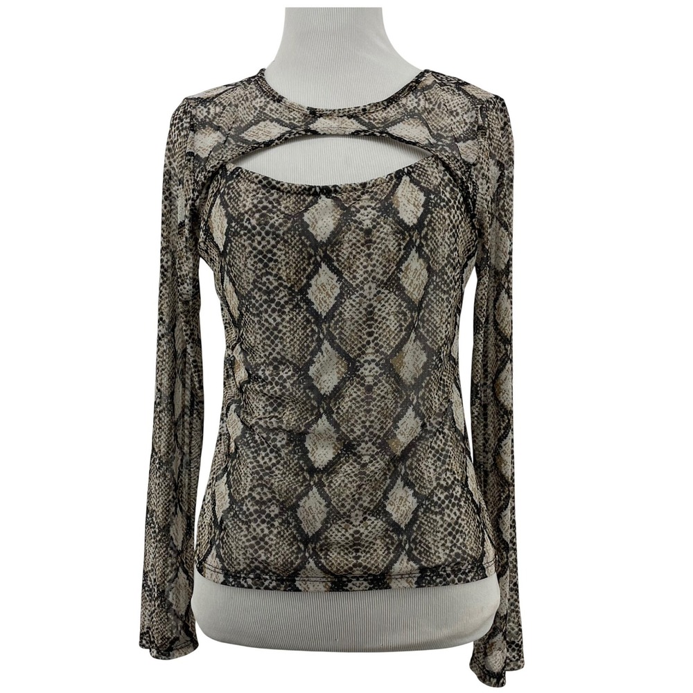 Polly & Esther Size S/M Mesh Top Snakeskin Keyhole Cutout Long Sleeve Y2K Women